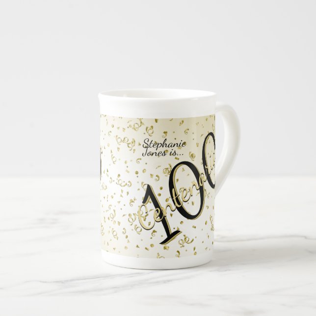 Tasse En Porcelaine 100 ans Centenaire Anniversaire Noir/Or Texte (Devant droit)