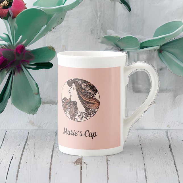 Tasse En Porcelaine Alphonse Mucha Art Nouveau Femme Aux Fleurs Roses (Créateur téléchargé)