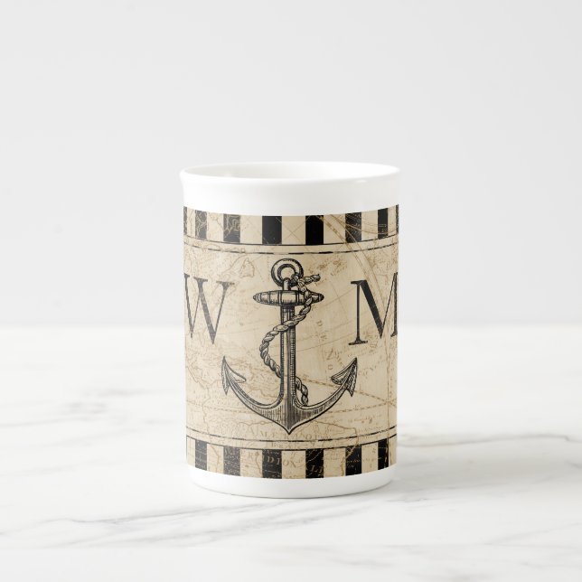 Tasse En Porcelaine Ancien Monde Carte Ancre nautique Monogramme (Devant)