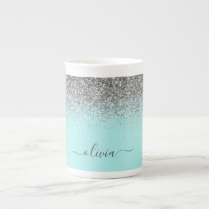 Tasse En Porcelaine Aqua bleu Turquoise Parties scintillant argent Mon