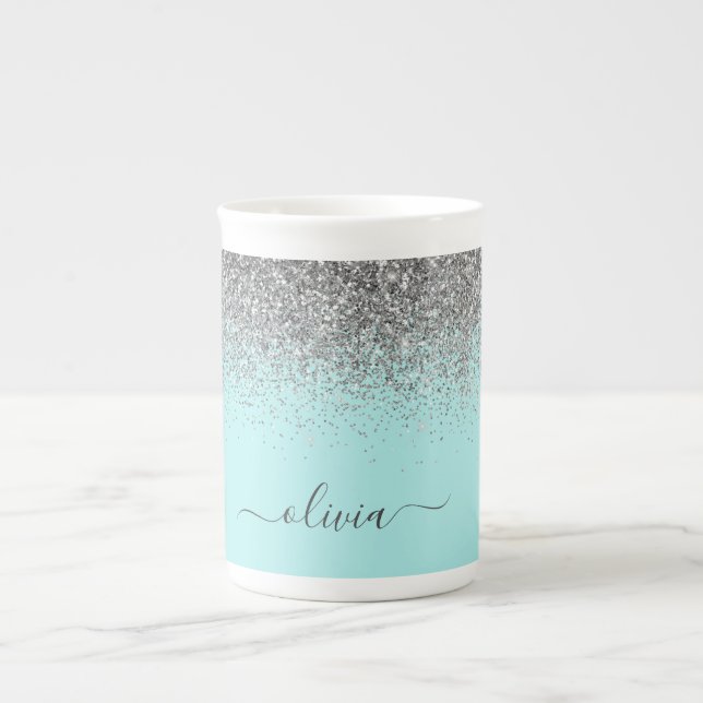 Tasse En Porcelaine Aqua bleu Turquoise Parties scintillant argent Mon (Devant)