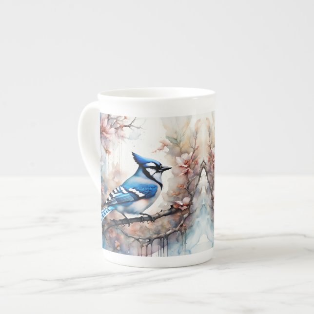 Tasse En Porcelaine Aquarelle bleu Jay Cherry Blossoms (Devant gauche)
