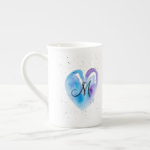 Tasse En Porcelaine Aquarelle bleue Monogramme de coeur