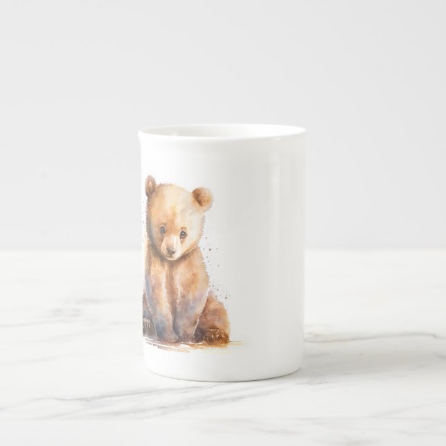 Tasse En Porcelaine Aquarelle Brown ours bébé, assise Cute ours bébé (Devant)