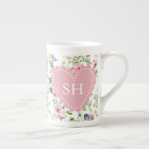 Tasse En Porcelaine Aquarelle colorée Fleur de printemps Motif Monogra