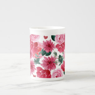 Tasse En Porcelaine Aquarelle fleurie rouge et rose