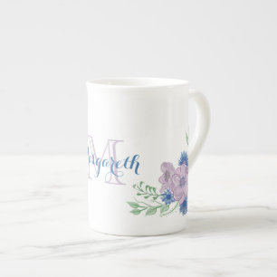Tasse En Porcelaine Aquarelle florale Monogramme bleu violet