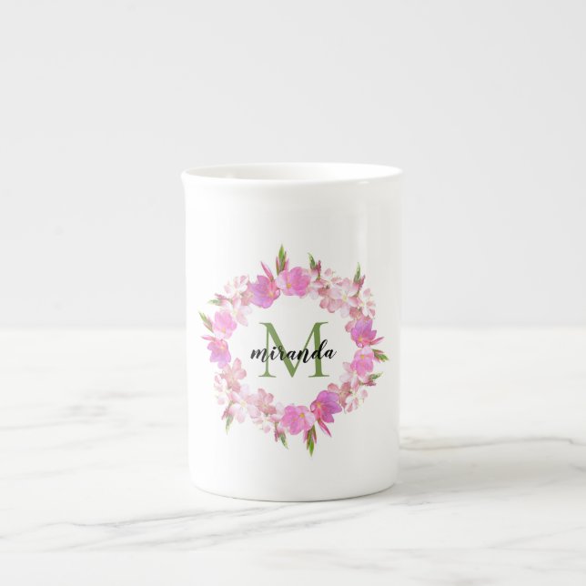 Tasse En Porcelaine Aquarelle Florale Nom de la couronne Monogramme (Devant)