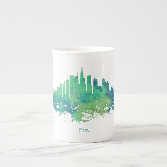 Tasse En Porcelaine Aquarelle Skyline de Chicago en bleu et vert (Devant)