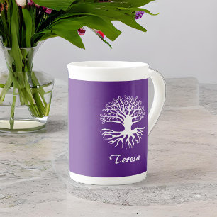 Tasse En Porcelaine Arbre de vie Silhouette blanche sur Monogramme vio