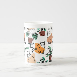 Tasse En Porcelaine Art de trait dessin chats et fleurs