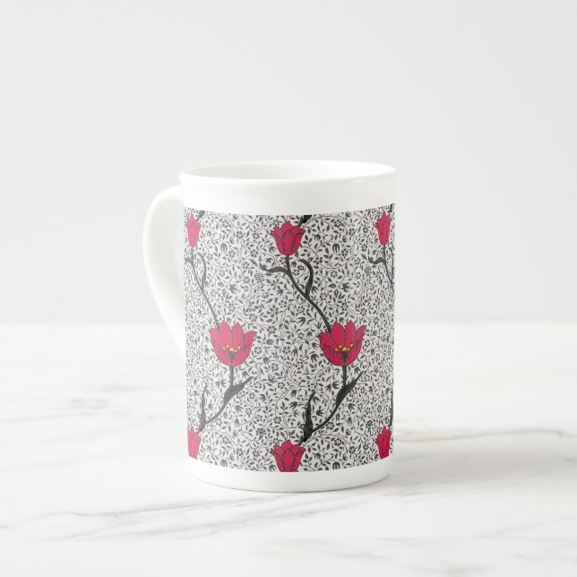 Tasse En Porcelaine Art Nouveau Tulip Damask, gris et rouge (Devant gauche)