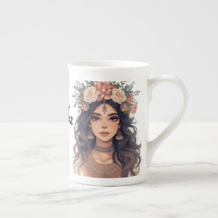 Tasse En Porcelaine Belle Fille Anime Florale – Esthétique Pastel Douc