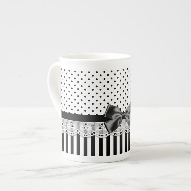 Tasse En Porcelaine Black and White Victorian Stripes with Bow (Devant gauche)