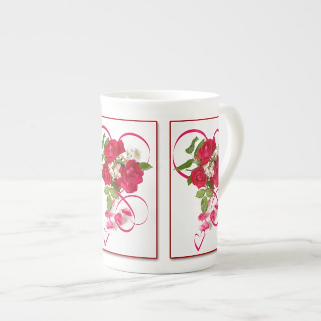Tasse En Porcelaine Bouquet et ruban de rose rouge (Devant droit)