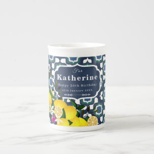 Tasse En Porcelaine Carreaux Méditerranéens au Citron Bleu Marine Blan