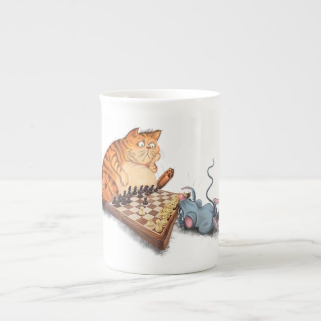 Tasse En Porcelaine Chat et souris Jouer aux échecs Dessin drôle (Devant)