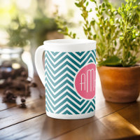 Chevrons bleu turquoise et rose chaud Monogramme p