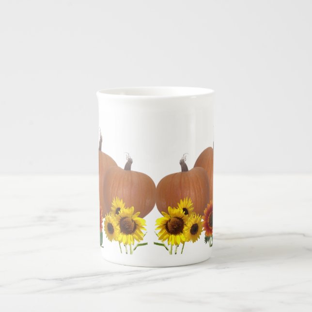 Tasse En Porcelaine Citrouilles oranges et tournesols Halloween blanc (Devant)