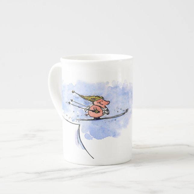 Tasse En Porcelaine Cochon volant - Saut à ski Cool Athlète d'hiver (Devant gauche)