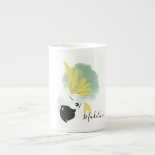 Tasse En Porcelaine Cockatoo Oiseau jaune et vert Aquarelle personnell