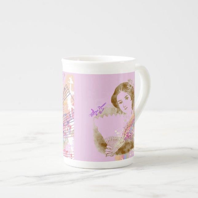 Tasse En Porcelaine Coupe de Chine de Fan vintage Lady Pink Bone (Devant droit)