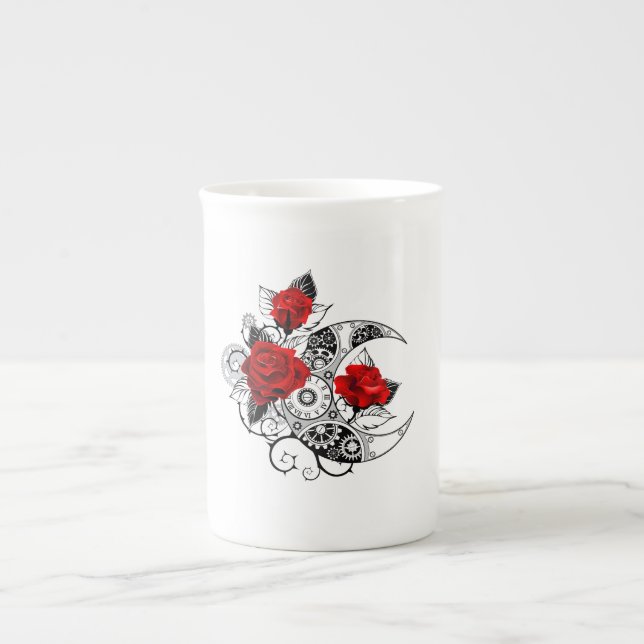 Tasse En Porcelaine Croissant mécanique avec roses rouges (Devant)