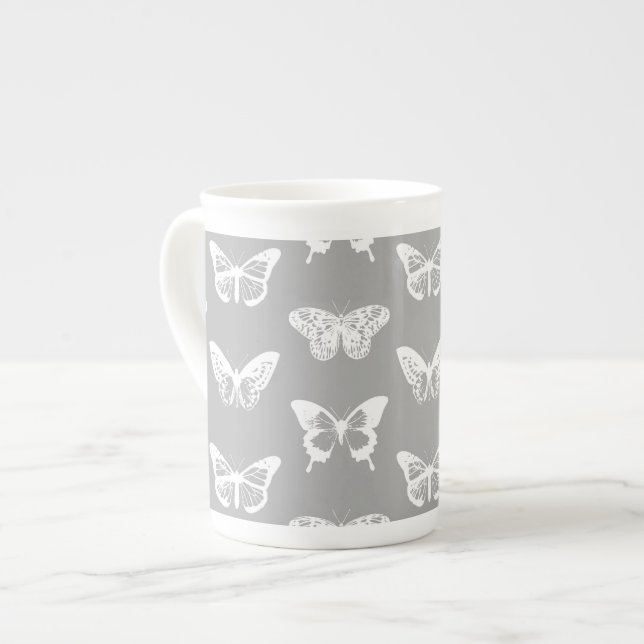 Tasse En Porcelaine Croquis de papillon, gris argenté et blanc (Devant gauche)