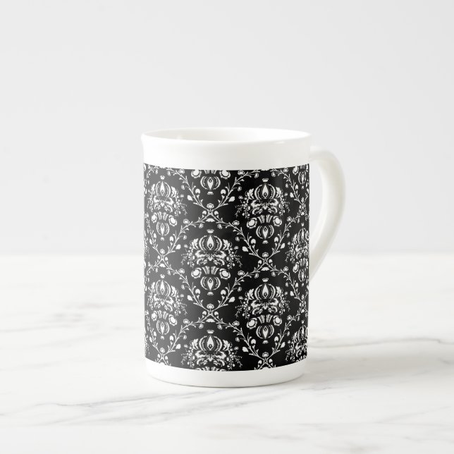 Tasse En Porcelaine Damas noir et blanc (Devant droit)