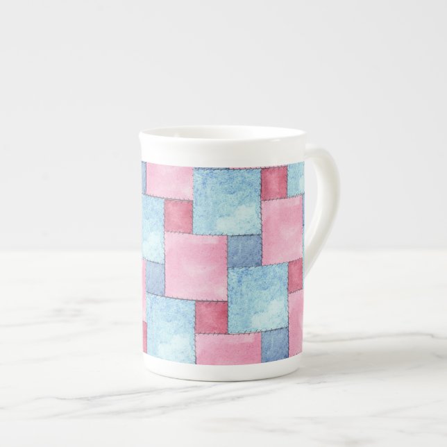 Tasse En Porcelaine Denim Patchwork Bone China Mug, Rose, Blues (Devant droit)
