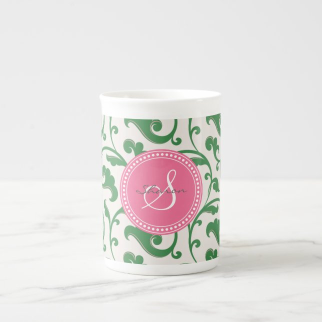 Tasse En Porcelaine Élégant modèle floral vert ceint monogramme (Devant)