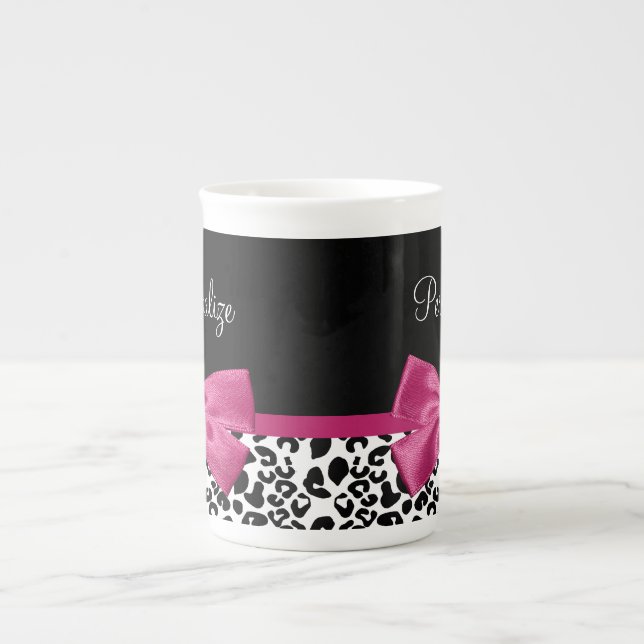 Tasse En Porcelaine Empreinte de léopard en ruban rose foncé avec nom (Devant)