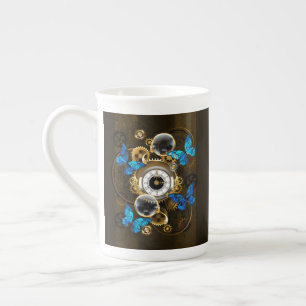 Tasse En Porcelaine Engrenages Steampunk et papillons bleus
