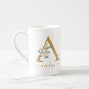 Tasse En Porcelaine Eucalyptus Verdure Aquarelle Or Monogramme A