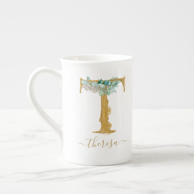 Tasse En Porcelaine Eucalyptus Verdure Aquarelle Or Monogramme T (Gauche)