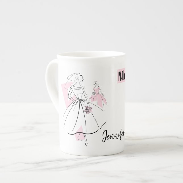 Tasse En Porcelaine Fashion Mariée rose mère mariée Nom os chine (Devant gauche)
