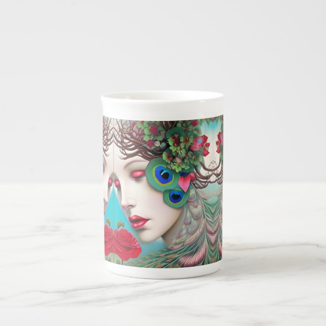 Tasse En Porcelaine Feminine Red Lips et Rose Peacock Abstrait (Devant)