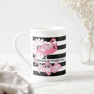 Tasse En Porcelaine Flamant rose rose rayé noir et blanc moderne
