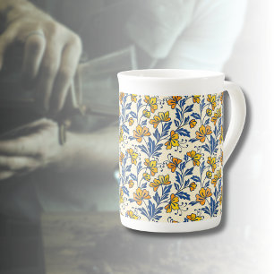 Tasse En Porcelaine Fleur Bleue Feuillue de Style Folk Orange Jaune Vi