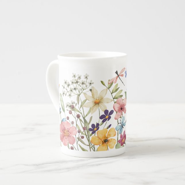 Tasse En Porcelaine Fleur sauvage Aquarelle Et Motif Papillons (Devant gauche)