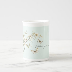 Tasse En Porcelaine Fleurs Blanches de Menthe Papillons Baby Shower de