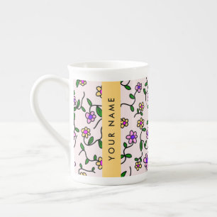 Tasse En Porcelaine Fleurs colorées, Arrière - plan rose, Jaune