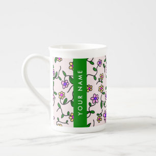 Tasse En Porcelaine Fleurs colorées, Arrière - plan rose, Vert