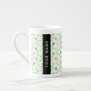 Tasse En Porcelaine Fleurs colorées, fond vert clair, noir