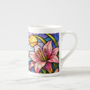Tasse En Porcelaine Fleurs de verre teinté de lys et libellules roses