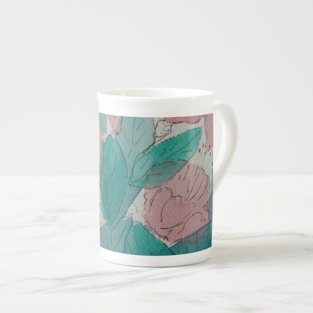 Tasse En Porcelaine fleurs roses et feuilles contemporaines (Devant droit)