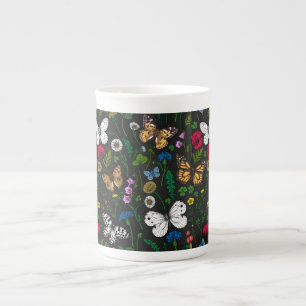 Tasse En Porcelaine Fleurs sauvages et papillons sur le noir