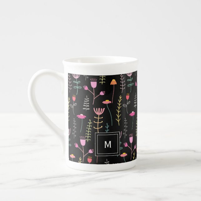 Tasse En Porcelaine Fleurs sauvages néon sur noir, monogrammed (Gauche)