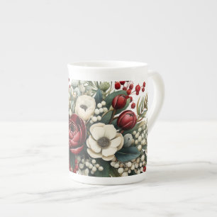 Tasse En Porcelaine Florales d'hiver Vert Rouge Blanc Agrandi