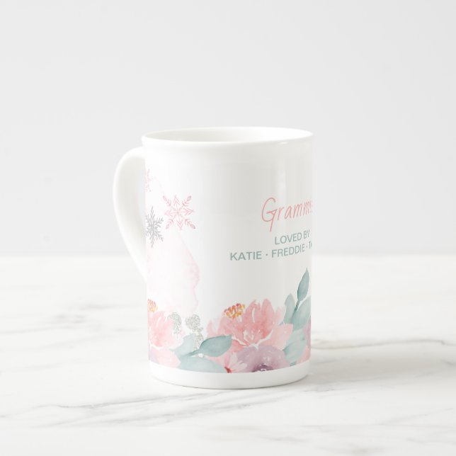 Tasse En Porcelaine Grammie Winter Wonderland Snowflakes et Floral (Devant gauche)